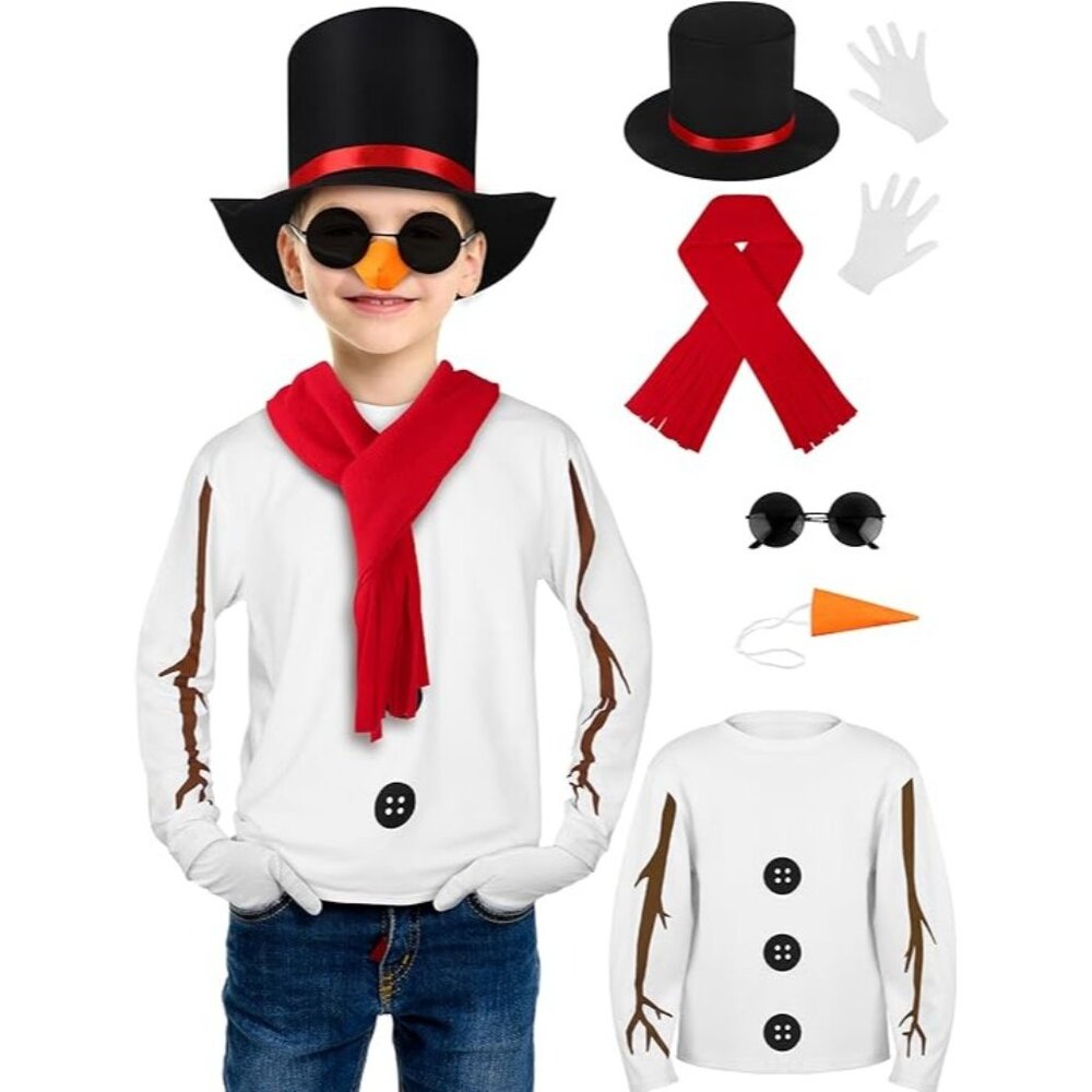 SOMSOC Kids Snowman Costume Shirt Hat with Band Carrot Nose Glasses Scarf Gloves